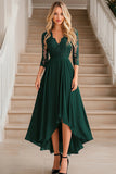 Elegante vestido largo de gasa madre de la novia con escote en V de color verde oscuro con apliques de encaje