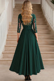 Elegante vestido largo de gasa madre de la novia con escote en V de color verde oscuro con apliques de encaje
