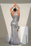 Sirena plateada brillante lentejuelas de cuello alto con volantes flor vestido formal largo con abertura