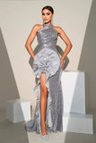 Sirena plateada brillante lentejuelas de cuello alto con volantes flor vestido formal largo con abertura