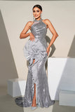 Sirena plateada brillante lentejuelas de cuello alto con volantes flor vestido formal largo con abertura