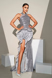 Sirena plateada brillante lentejuelas de cuello alto con volantes flor vestido formal largo con abertura