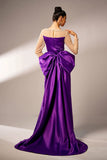 Vestido formal de satén con lazo y color púrpura oscuro Cuello ilusión de manga larga Perlas