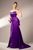 Vestido formal de satén con lazo y color púrpura oscuro Cuello ilusión de manga larga Perlas