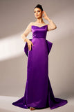 Vestido formal de satén con lazo y color púrpura oscuro Cuello ilusión de manga larga Perlas