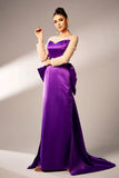 Vestido formal de satén con lazo y color púrpura oscuro Cuello ilusión de manga larga Perlas