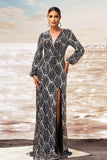 Vaina Plata Negra Cuello en V Manga Larga Vestido Formal Largo con Abertura