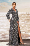 Vaina Plata Negra Cuello en V Manga Larga Vestido Formal Largo con Abertura