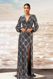 Vaina Plata Negra Cuello en V Manga Larga Vestido Formal Largo con Abertura