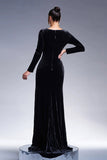 Sirena Negra Cuello en V Manga Larga Borlas Vestido Formal Largo de Terciopelo con Abertura