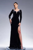 Sirena Negra Cuello en V Manga Larga Borlas Vestido Formal Largo de Terciopelo con Abertura