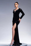 Sirena Negra Cuello en V Manga Larga Borlas Vestido Formal Largo de Terciopelo con Abertura