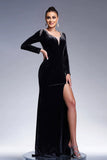 Sirena Negra Cuello en V Manga Larga Borlas Vestido Formal Largo de Terciopelo con Abertura
