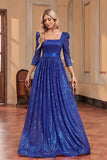 Azul Real A Line Lentejuelas Cuello Cuadrado Largo Madre De La Novia Vestido