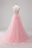 Vestido de fiesta largo de tul con tirantes de espagueti de línea A rosa con apliques de lentejuelas