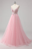 Vestido de fiesta largo de tul con tirantes de espagueti de línea A rosa con apliques de lentejuelas