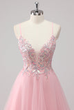 Vestido de fiesta largo de tul con tirantes de espagueti de línea A rosa con apliques de lentejuelas