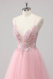 Vestido de fiesta largo de tul con tirantes de espagueti de línea A rosa con apliques de lentejuelas