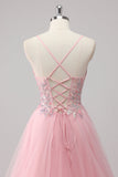 Vestido de fiesta largo de tul con tirantes de espagueti de línea A rosa con apliques de lentejuelas