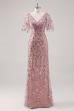 Vestido de lentejuelas madre de la novia con cuello en V con cuello en V de color rosa empolvado con mangas cortas
