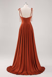 Vestido de dama de honor con tirantes finos plisados A Line Rust con abertura