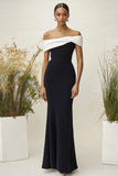 Vestido formal de columna negro de satén con hombros descubiertos mate