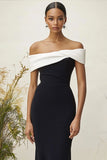 Vestido formal de columna negro de satén con hombros descubiertos mate