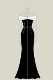 Vestido formal de columna negro de satén con hombros descubiertos mate