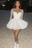 Organza Blanco A Line Sweetheart Vestido de Graduación de Encaje de Manga Larga
