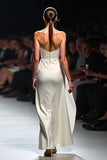 Vestido de Gala Fruncido Strapless Blanco A Line con Flor 3D