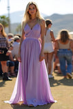 Vestido de invitada de boda largo con escote en V con tirantes de espagueti lila simples