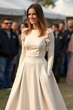 Vestido de gala fruncido con cuello redondo y manga larga