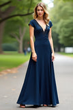 Línea A Azul Marino Vestido Largo De La Madre De La Novia Con Cuentas Y Mangas Cortas