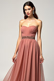 Vestido de fiesta de tul sin tirantes Dusty Rose A Line