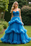 Vestido de fiesta azul A Line Sweetheart con volantes