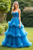 Vestido de fiesta azul A Line Sweetheart con volantes