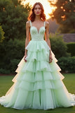 Vestido de fiesta verde con volantes escalonados de novia de una línea