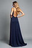 Vestido formal largo con tirantes de espagueti azul marino de una línea con abertura