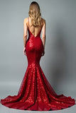 Vestido de fiesta largo de tirantes de espagueti rojo brillante de sirena