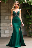 Tirantes de espagueti con cuentas verde oscuro Vestido de fiesta largo de sirena