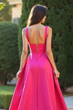 Vestido de fiesta largo de línea con cuello cuadrado fucsia y abertura