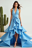 Vestido de fiesta azul con volantes halter