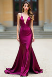 Vestido de fiesta largo de satén con tirantes de espagueti de sirena morado oscuro