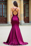 Vestido de fiesta largo de satén con tirantes de espagueti de sirena morado oscuro