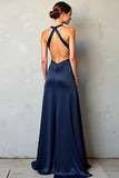 Vestido formal de satén de satén con escote en V profundo azul marino con abertura