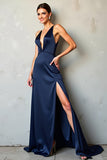 Vestido formal de satén de satén con escote en V profundo azul marino con abertura