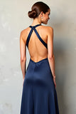 Vestido formal de satén de satén con escote en V profundo azul marino con abertura