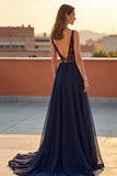 Tul azul marino con escote en V profundo Vestido formal de línea A con abalorios