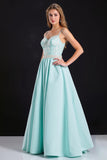 Tirantes de espagueti menta A Line Appliques Prom Dress