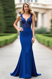Vestido de sirena con apliques azul real con escote en V de la madre de la novia